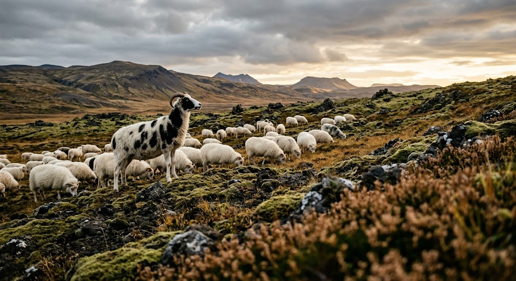 A spotted Icelandic leader sheep stands head up at the front of a grazing flock on an autumn fell