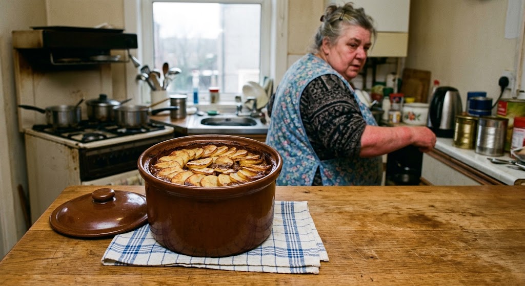 A Lancashire hotpot in a brown earthenware pot on a kitchen table, a woman working at the stove behind