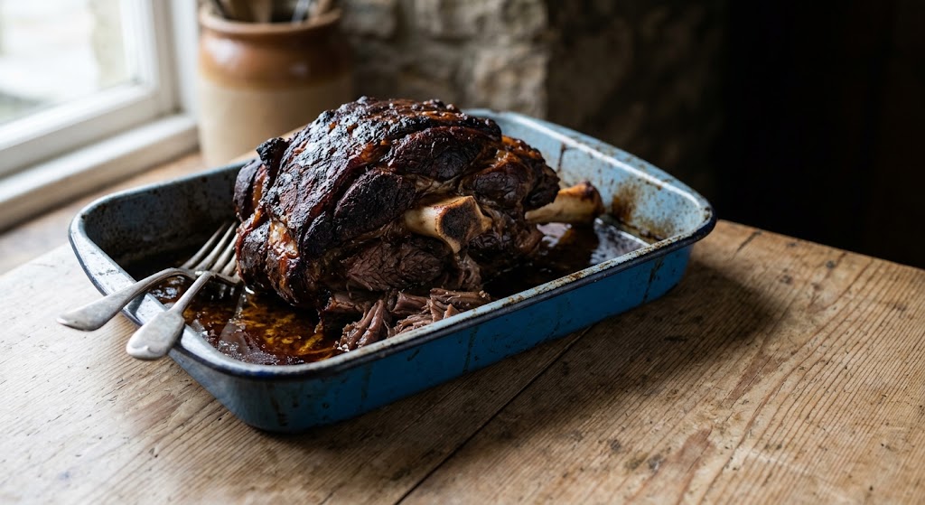 A slow roasted bone in shoulder of mutton collapsing in an enamel roasting tin on a wooden table