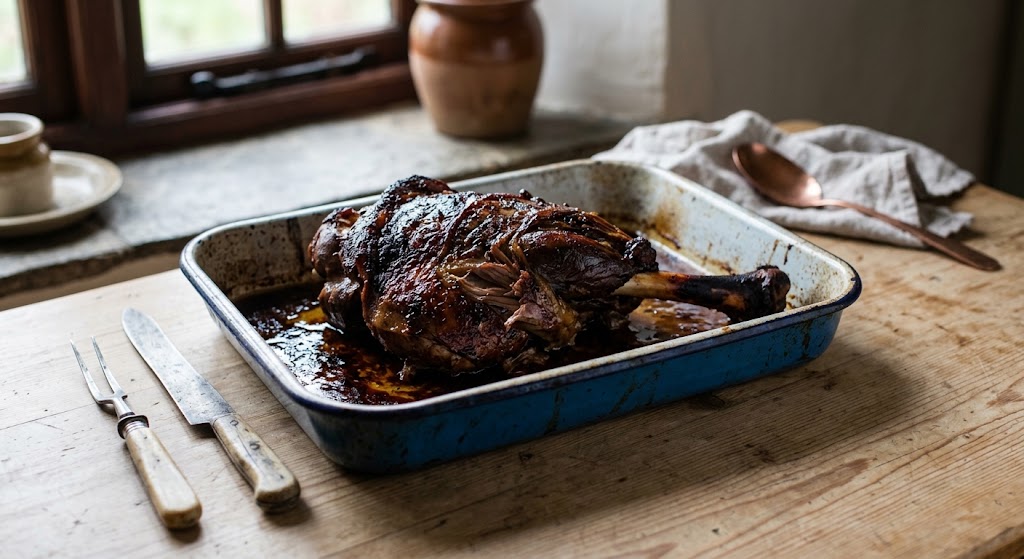 A slow roasted shoulder of mutton resting in an enamel tin on a farmhouse kitchen table
