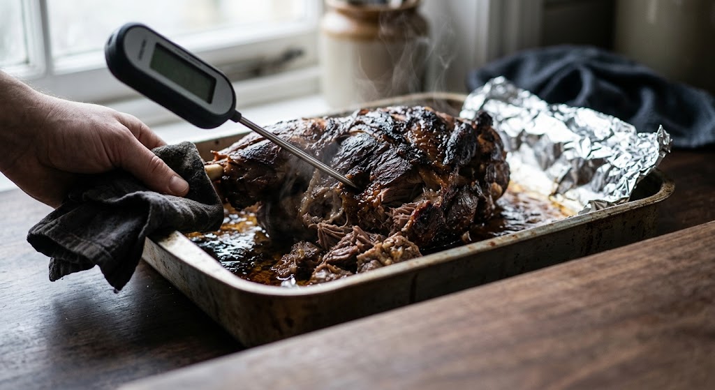 A probe thermometer pushed into the thickest part of a slow roasted mutton shoulder in a roasting tin