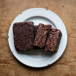 Three blocks of homemade pemmican on a white enamel plate, one broken open to show dried meat fibres bound in set fat