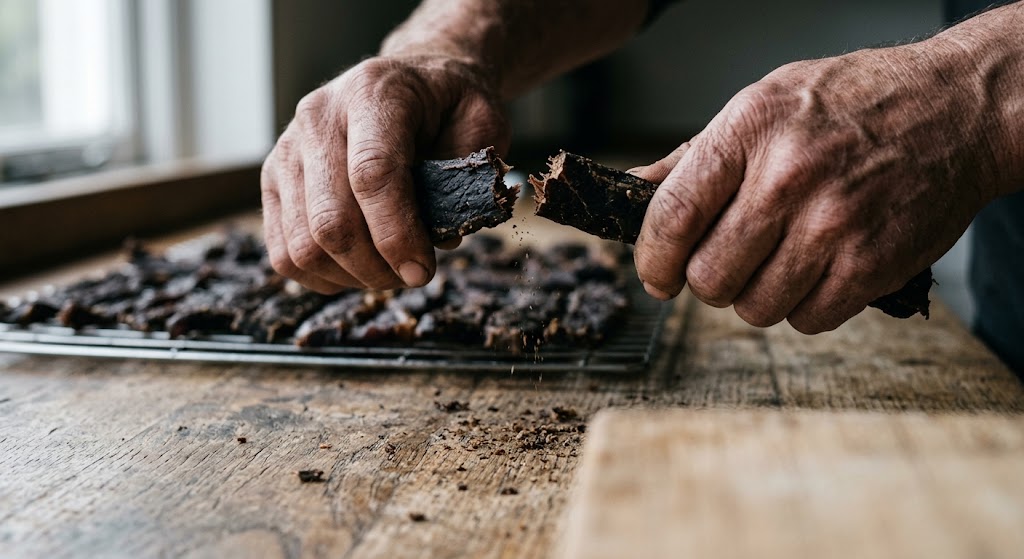 Two hands snapping a strip of fully dried beef cleanly in half above a drying rack, the break brittle and crumbling
