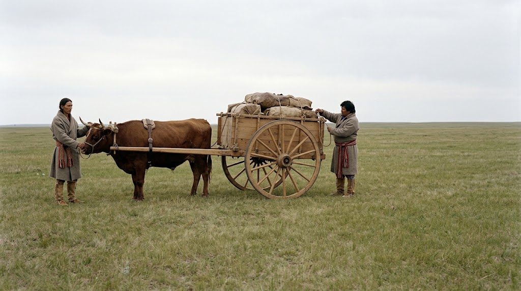 A loaded Red River cart on the open prairie in 1816, drawn by a single ox, with two Metis men beside it