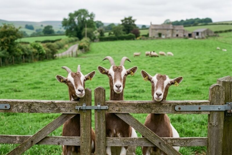 Three dairy goats looking over a wooden farm gate on an English pasture