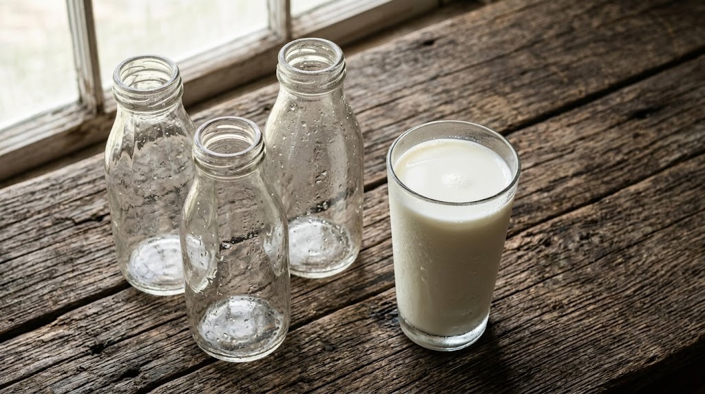 Empty glass milk bottles and a full glass of raw milk on a weathered farmhouse table