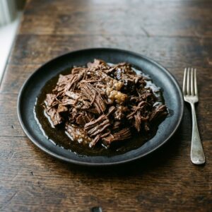 Slow cooker chuck roast on a wooden board, recipe card view
