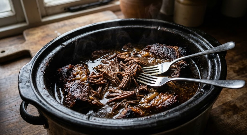 Pulled carnivore chuck roast in a slow cooker with its cooking liquor