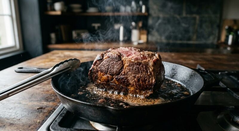 Chuck roast joint searing in a cast iron pan before the slow cooker