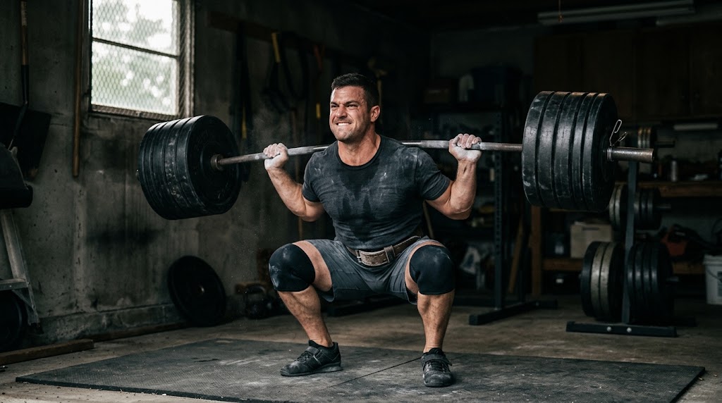 Lifter grinding out a heavy barbell squat in a garage gym