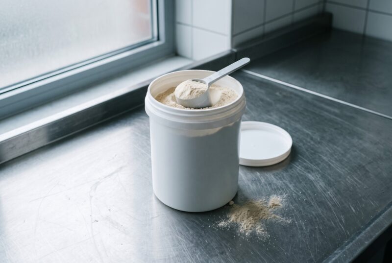 An unlabelled white tub of beige protein powder with a scoop in it and the lid off, on a steel worktop with powder spilled beside it