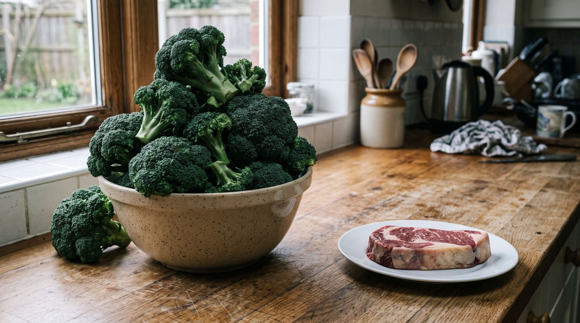 A single raw steak on a small white plate beside a mixing bowl heaped high with raw broccoli, on a wooden kitchen worktop