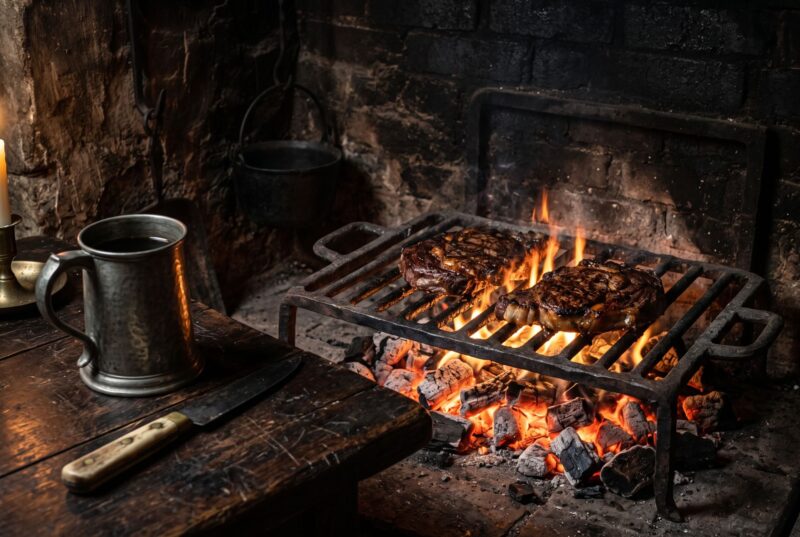 Two beefsteaks searing on a cast-iron gridiron over glowing coals, with a pewter tankard and a bone-handled knife on the table beside