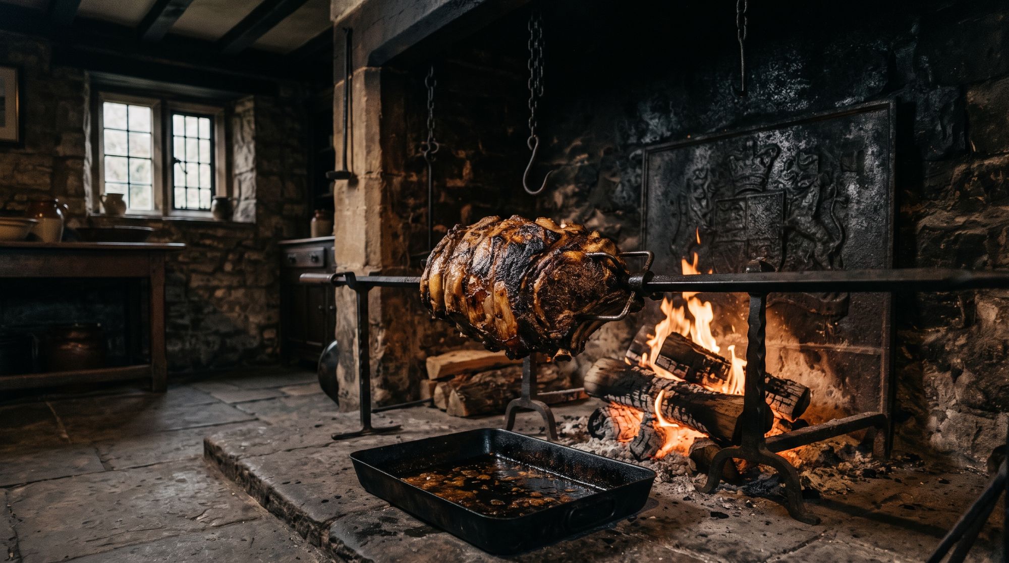 A large joint of beef roasting on a spit before an open fire in a stone-flagged kitchen, with an iron dripping pan set underneath