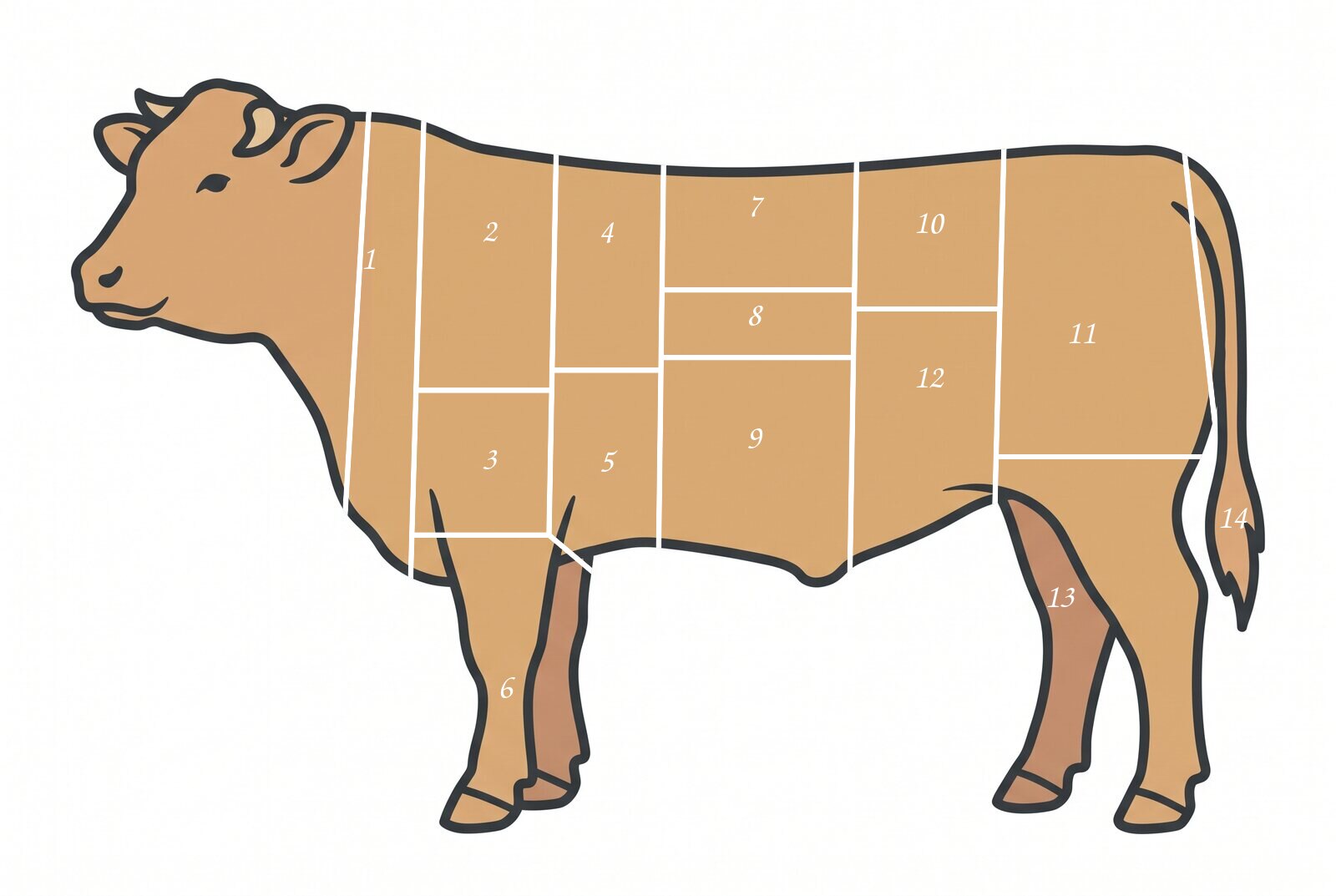 A beef animal in side profile with the fourteen British primal cuts marked and numbered