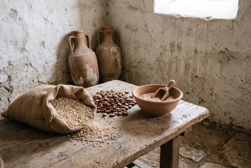 An open sack of barley, a heap of dried broad beans and a clay bowl with a wooden scoop on a rough table in a Roman storeroom, with two amphorae behind
