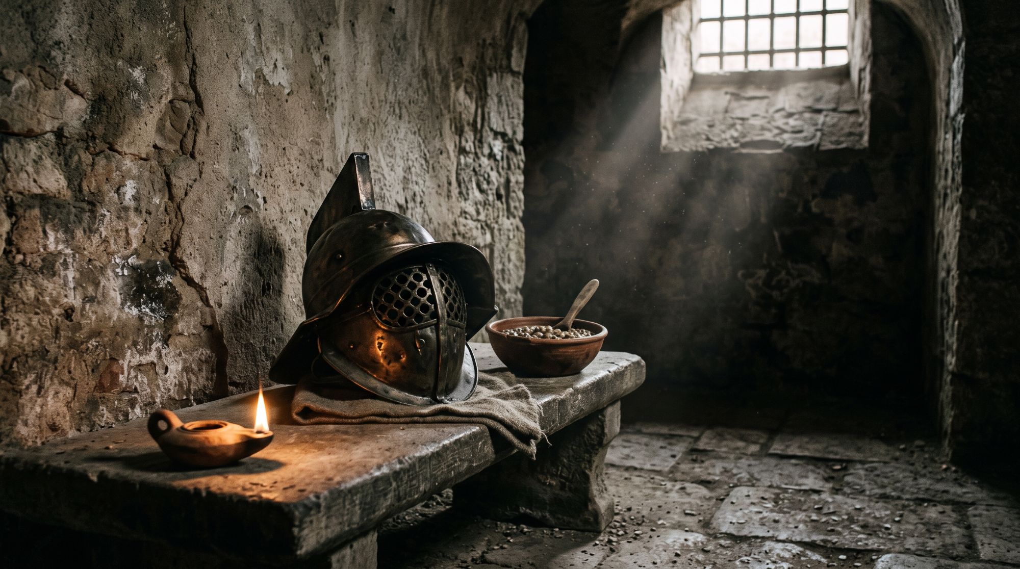 A bronze gladiator's helmet with a grilled visor on a stone bench beside an earthenware bowl of barley and bean porridge, lit by an oil lamp in a stone cell