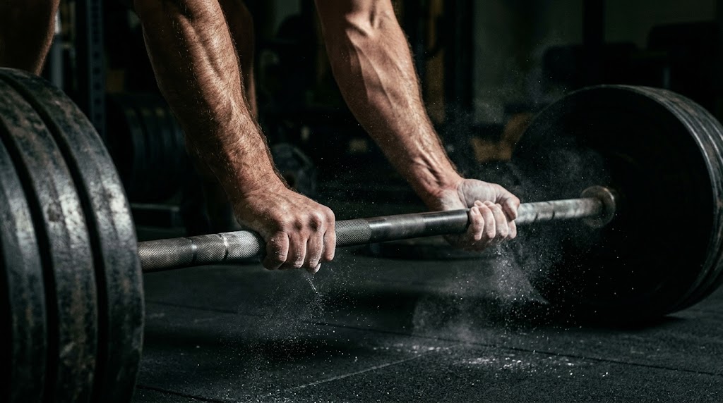 Chalked hands gripping a knurled barbell mid lift