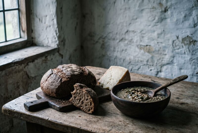 A dark barley loaf, a wedge of hard cheese and a wooden bowl of bean and leaf pottage on a rough cottage table
