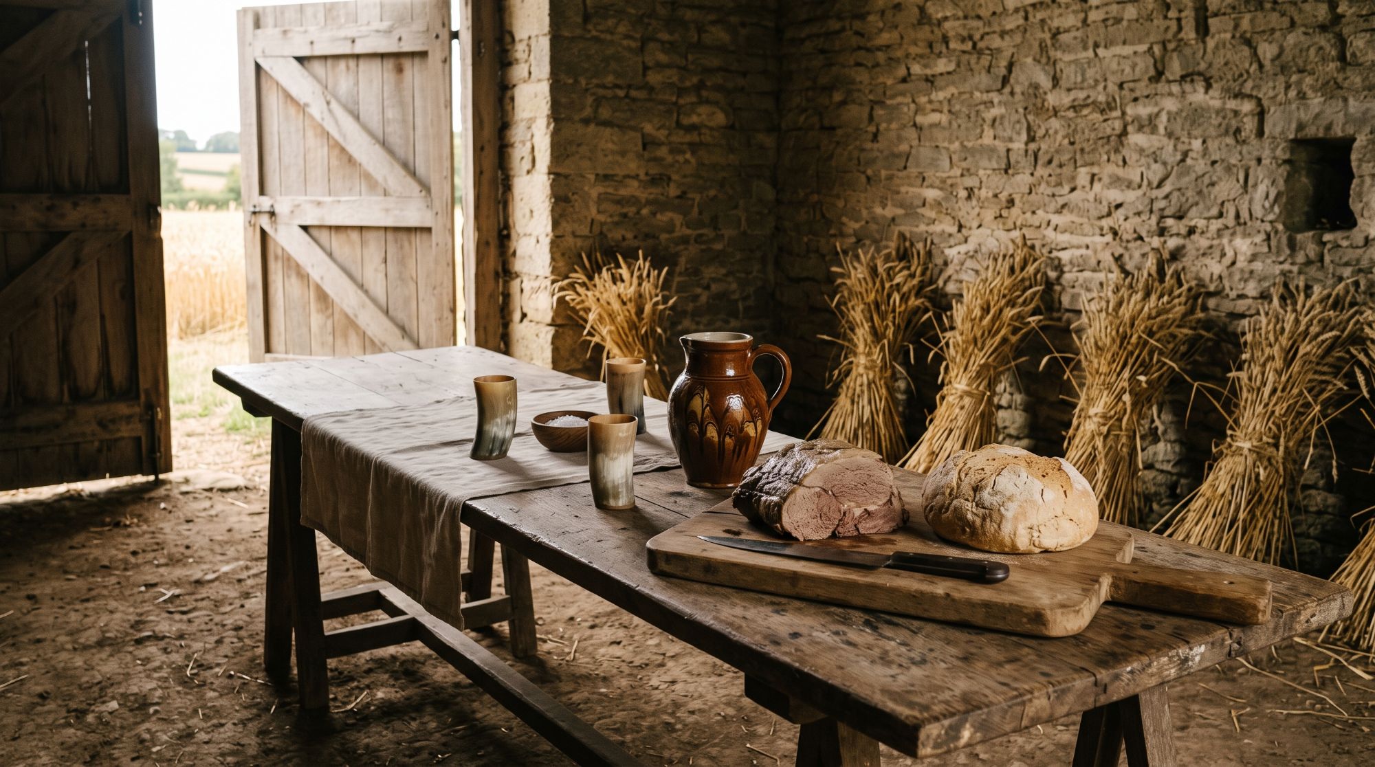 A harvest meal on an oak trestle table in a stone barn: a joint of boiled beef, a wheat loaf, a jug of ale and horn cups, with sheaves of wheat against the wall
