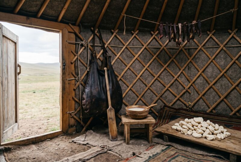 Inside a Mongolian ger: a hide bag of fermented mare's milk by the door with its wooden paddle, a bowl of milk, dried curds on a board and strips of meat drying overhead