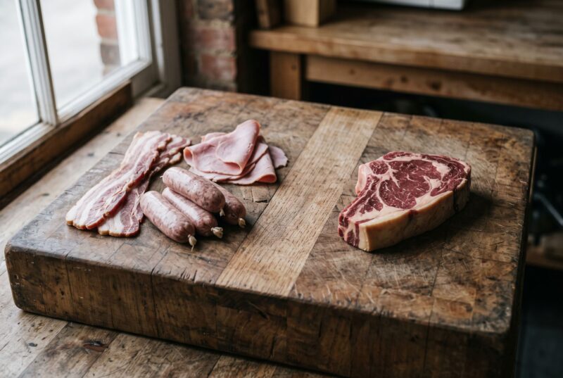Streaky bacon, sliced ham and pork sausages on one side of a wooden butcher's block, with a raw ribeye steak on its own on the other