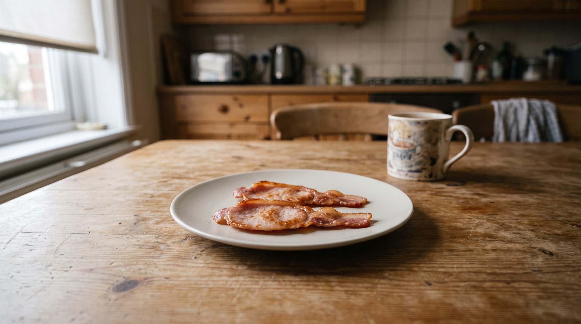 Two rashers of cooked back bacon on a plain white plate on a wooden kitchen table, with a mug of tea behind