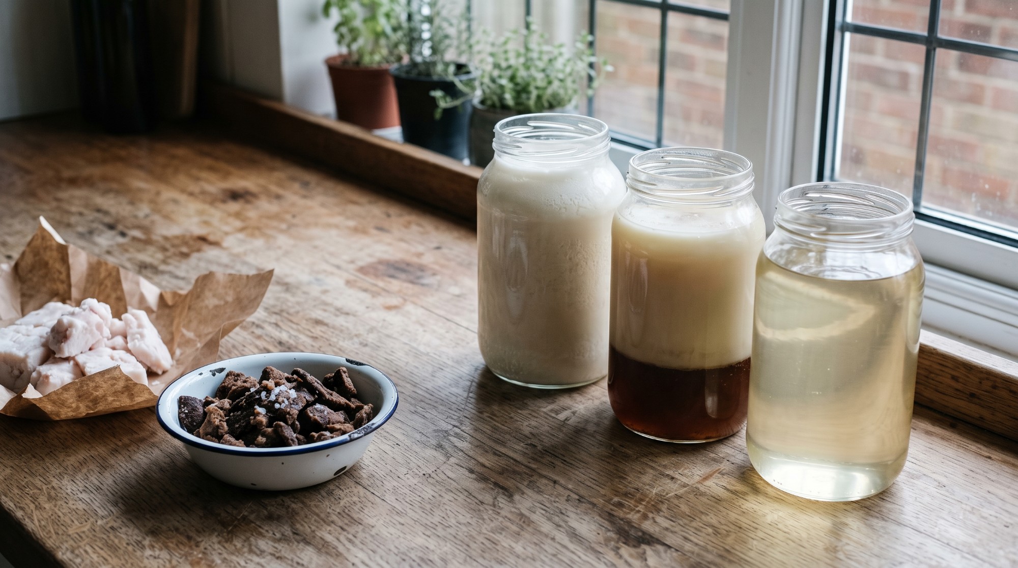 Three jars on a wooden worktop by a window: beef tallow set hard and white, beef dripping with a dark layer of meat jelly at the bottom, and freshly rendered fat still liquid, beside raw beef fat on butcher’s paper and a bowl of salted scratchings