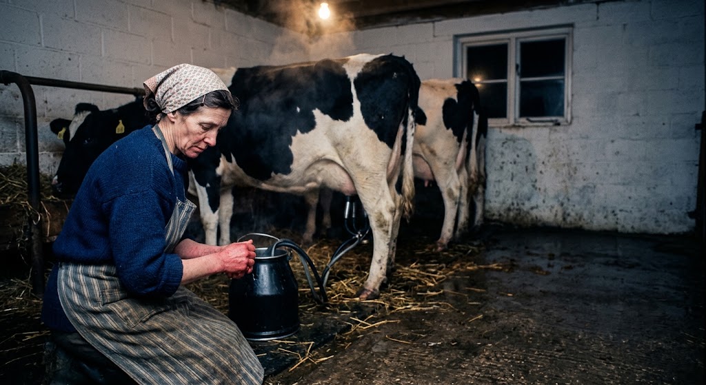 A widowed farmer milking alone in a dairy parlour before dawn