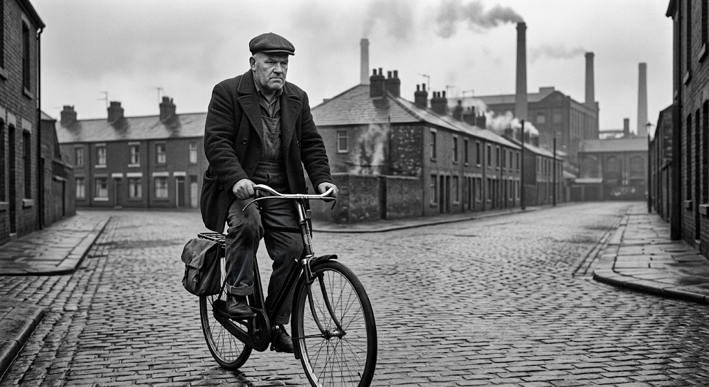 A working man cycling home from the factory through a northern town in 1963