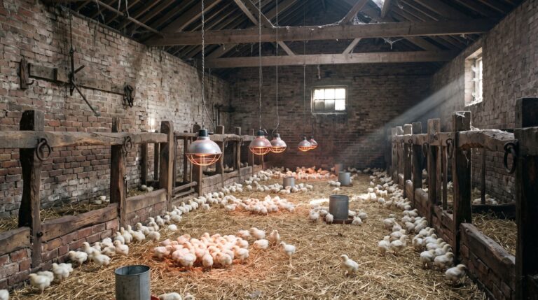 Hundreds of white chicks under heat lamps on the straw floor of an old brick cowshed, cattle stalls and tethering rings still on the walls