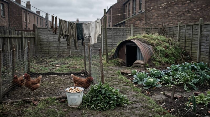 Hens in a wire run in a 1940s back garden beside a bucket of peelings, a pile of nettles, a vegetable patch and an Anderson shelter