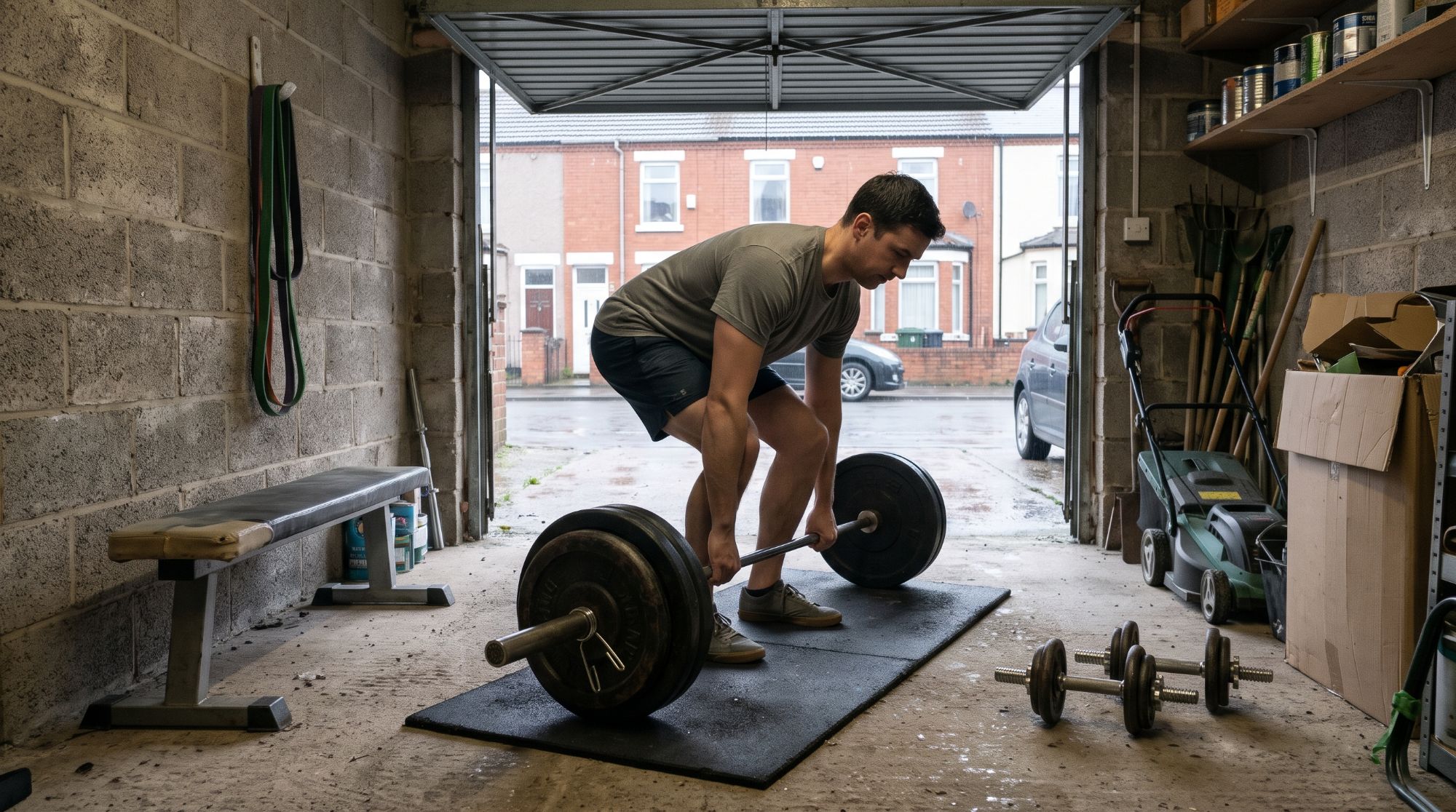 A man deadlifts a loaded barbell from a rubber mat in a British garage, with a flat bench, a pair of plate-loaded dumbbells and resistance bands beside him and a rainy terraced street through the open door