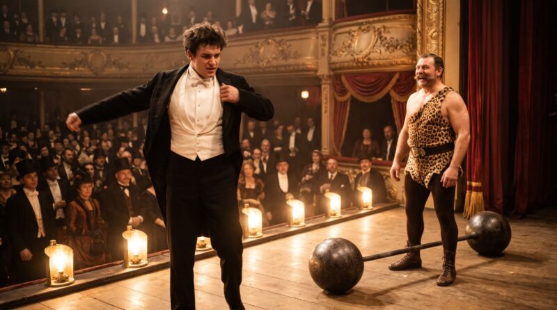 A young strongman in evening dress pulls off his tailcoat on a Victorian music hall stage while a moustached strongman in a leopard-skin costume laughs beside a globe barbell