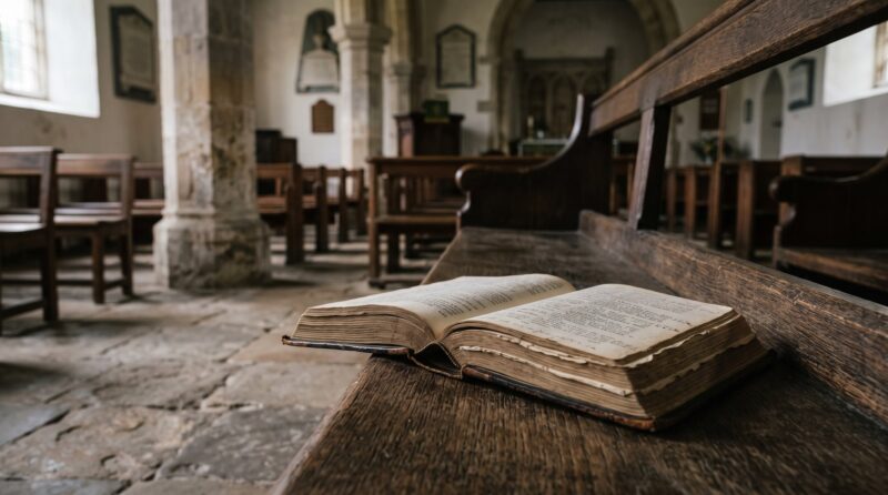 An old Book of Common Prayer lying open on a worn oak pew in an empty English parish church
