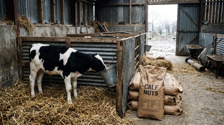 A black and white dairy calf drinking from a galvanised bucket in a 1980s calf shed beside sacks of calf nuts