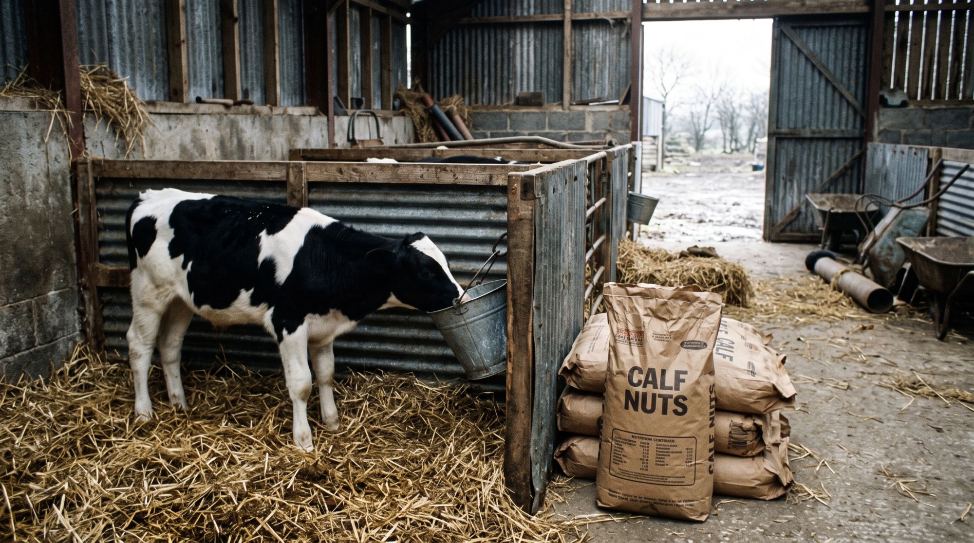 A black and white dairy calf drinking from a galvanised bucket in a 1980s calf shed beside sacks of calf nuts