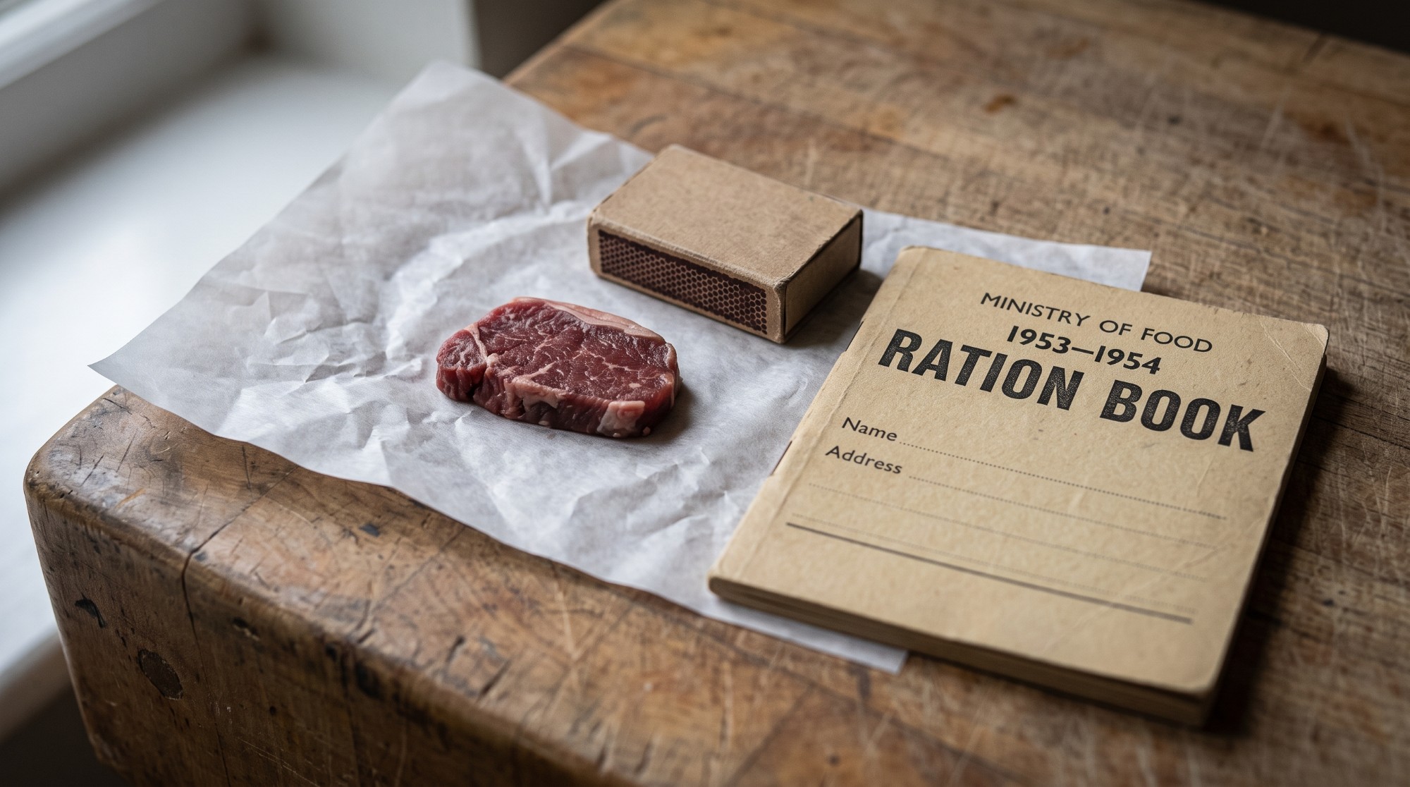 A small raw steak on butcher's paper beside a plain matchbox and a Ministry of Food ration book for 1953 to 1954