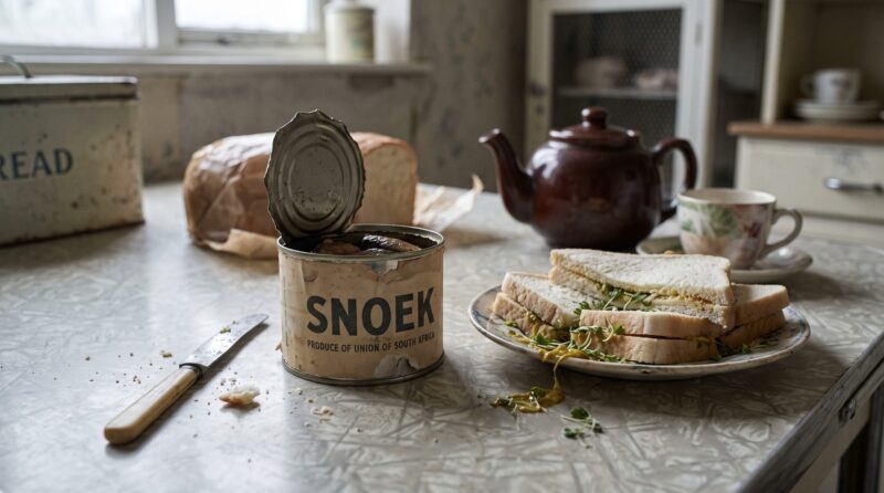 An opened tin of South African snoek on a kitchen table beside a plate of mustard and cress sandwiches and a brown teapot
