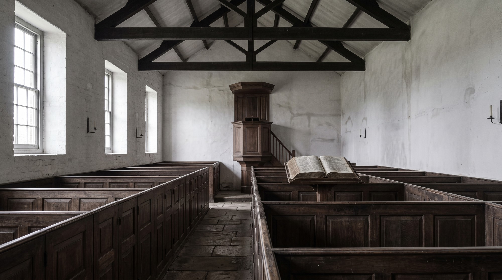 The plain interior of an early nineteenth-century nonconformist chapel with box pews, a wooden pulpit and an open Bible on a lectern
