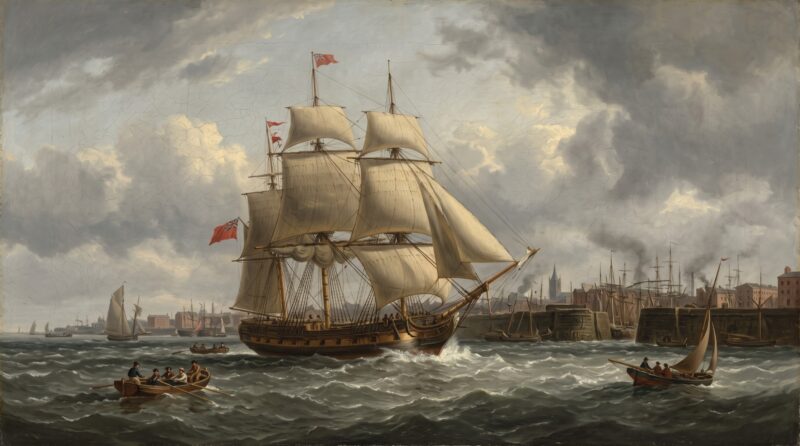 A three-masted sailing ship leaving Liverpool under a grey sky, painted in the style of an early nineteenth-century marine oil painting