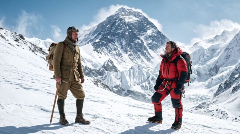 Two climbers on the snow below Everest: one dressed as a 1924 British expedition member in gabardine, wool puttees and a leather helmet with an ice axe, the other in a modern red down suit