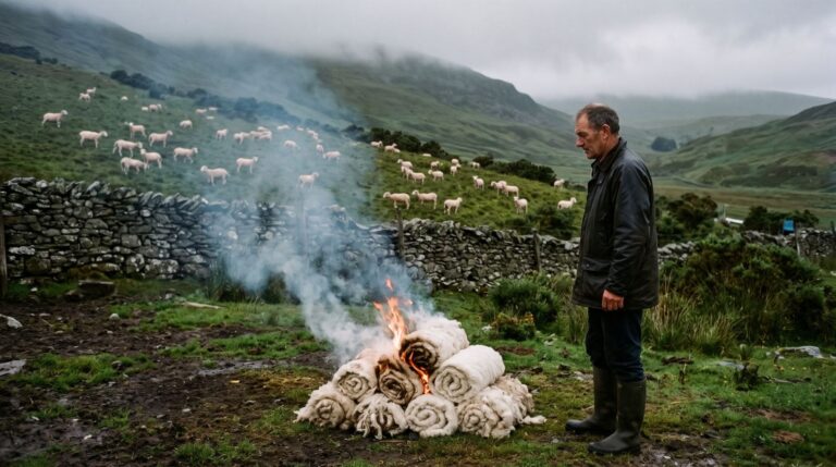 A hill farmer in a waxed jacket watches a small bonfire of rolled sheep fleeces burn beside a dry-stone wall, with freshly shorn ewes on the misty Welsh hillside behind